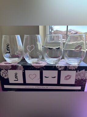 Love Stemless Wine Glasses - Black and Pink Accent Set of 4